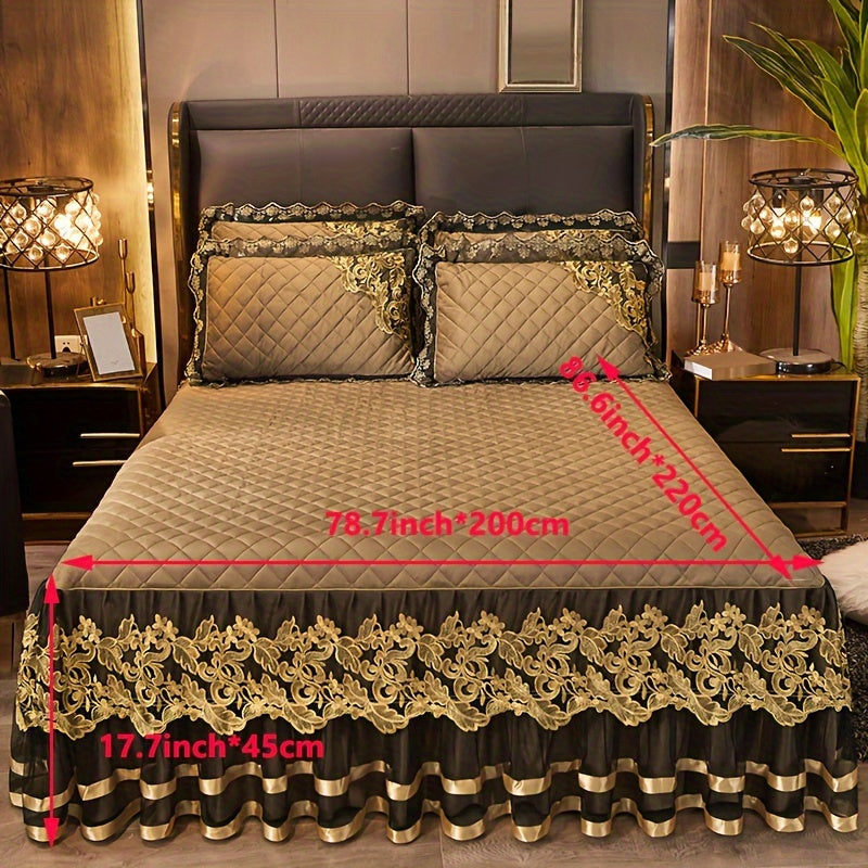 3-piece set of solid color bed skirts with lace detail, including 1 bed skirt and 2 pillowcases. Features a quilted layered design with elegant ruffled accents. The moisture-wicking, wrinkle-resistant mattress cover includes ties for easy removal.