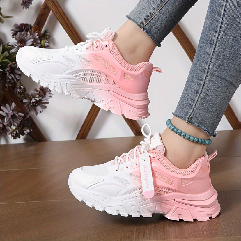 Gradient chunky sneakers for women with low top lace up design, perfect for running and sports.