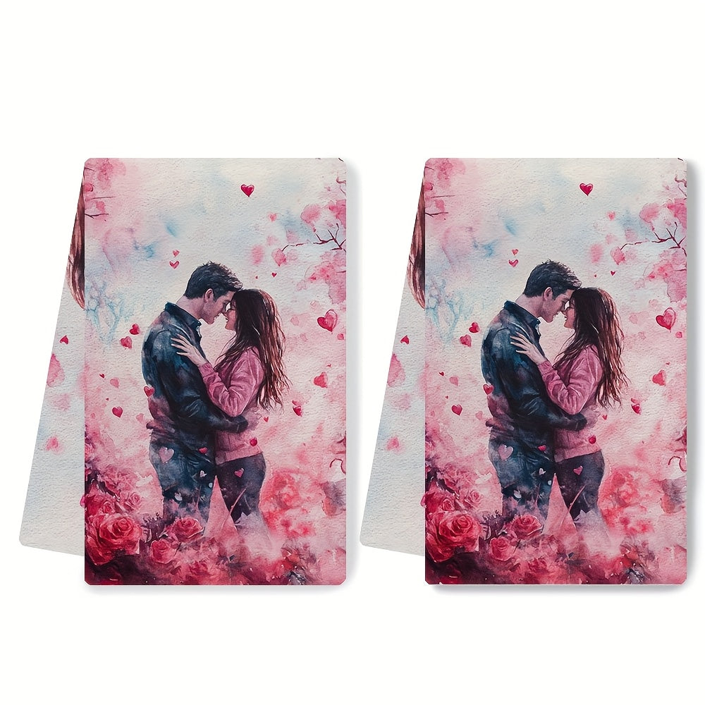 Set of 2 Ultra Soft Kitchen Towels Featuring Romantic Cherry Blossom & Heart Design, Exceptionally Absorbent, Easily Washable Dish Hand Towels. Ideal for Valentine's Day Decor, measuring 40.64x60.96 cm. Perfect Addition to Your Dish Towel Collection.