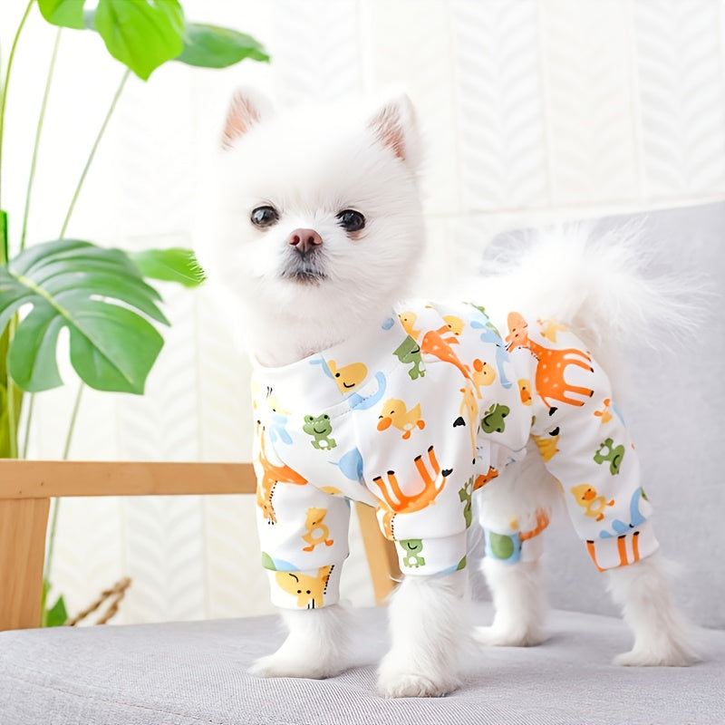 Cute dog pajamas with cartoon animal print, cozy polyester knit for small breeds, easy pullover style.