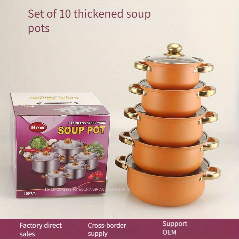 This Stainless Steel Cookware Set includes 10 pieces with lids, featuring Soup, Milk, and Sauce Pots in sizes ranging from 16.0cm to 25.4cm. Ideal for use in home kitchens.