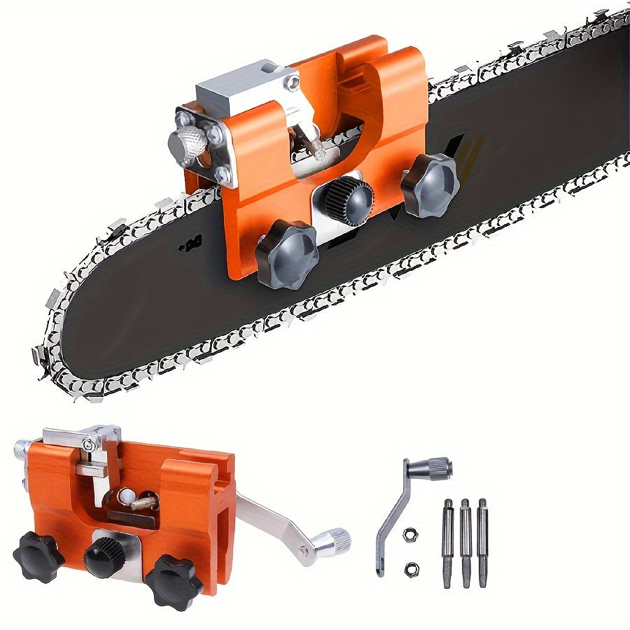 Portable chainsaw sharpener with 3 grinding stones, 2 nuts, and 1 wrench for manual sharpening in the field.