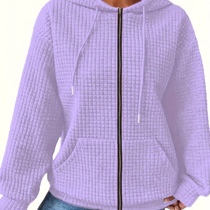 Stylish plus size women's hoodie with zipper made of polyester and elastane blend, perfect for all seasons with no fading or shrinking.