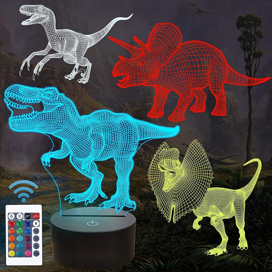 4pcs T-rex Dinosaur 3D Night Light with 4 Patterns, Remote Control, 16 Colors, Dimmable, Gift Wrapped - Ideal Xmas Birthday Gifts for Kids