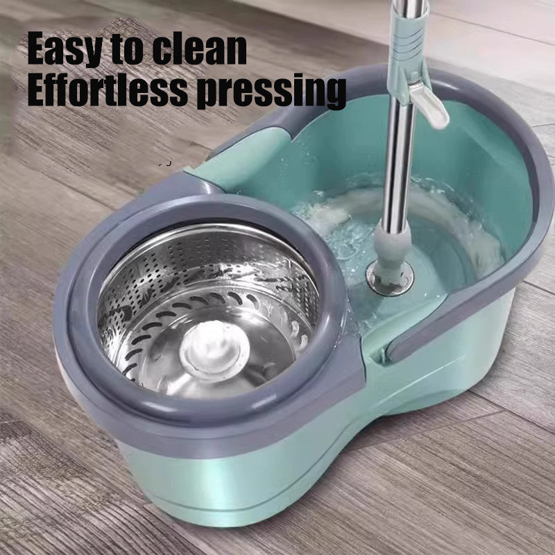 The Spin Mop and Bucket Set includes 6 pieces and comes with 4 Microfiber Heads. This manual floor cleaning system does not require electricity, making it easy to use. It features easy wringing and is suitable for the living room, kitchen, and bathroom.