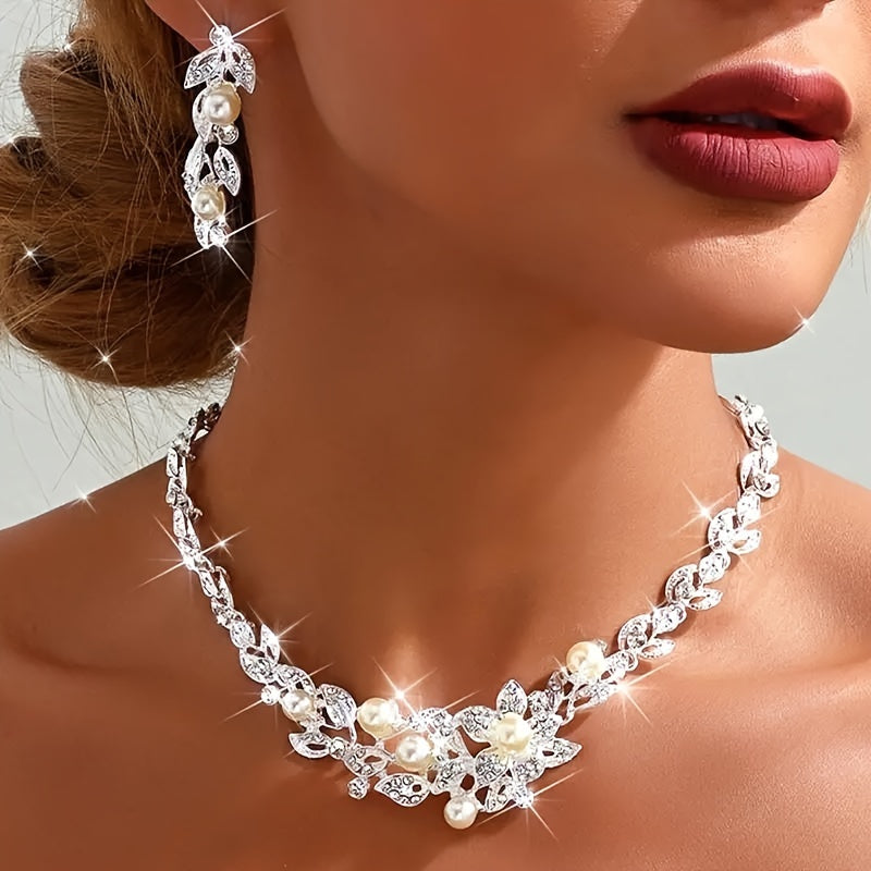 Beautiful 2-piece Bridal Jewelry Set, Silver-Plated Zinc Alloy With Gold Accents, Water Drill Detailing And Cream-colored Faux Pearl Accents - Featuring a Delicate Leaf Vine Floral Design Necklace And Earring Set, Ideal for Weddings and Valentine's Day