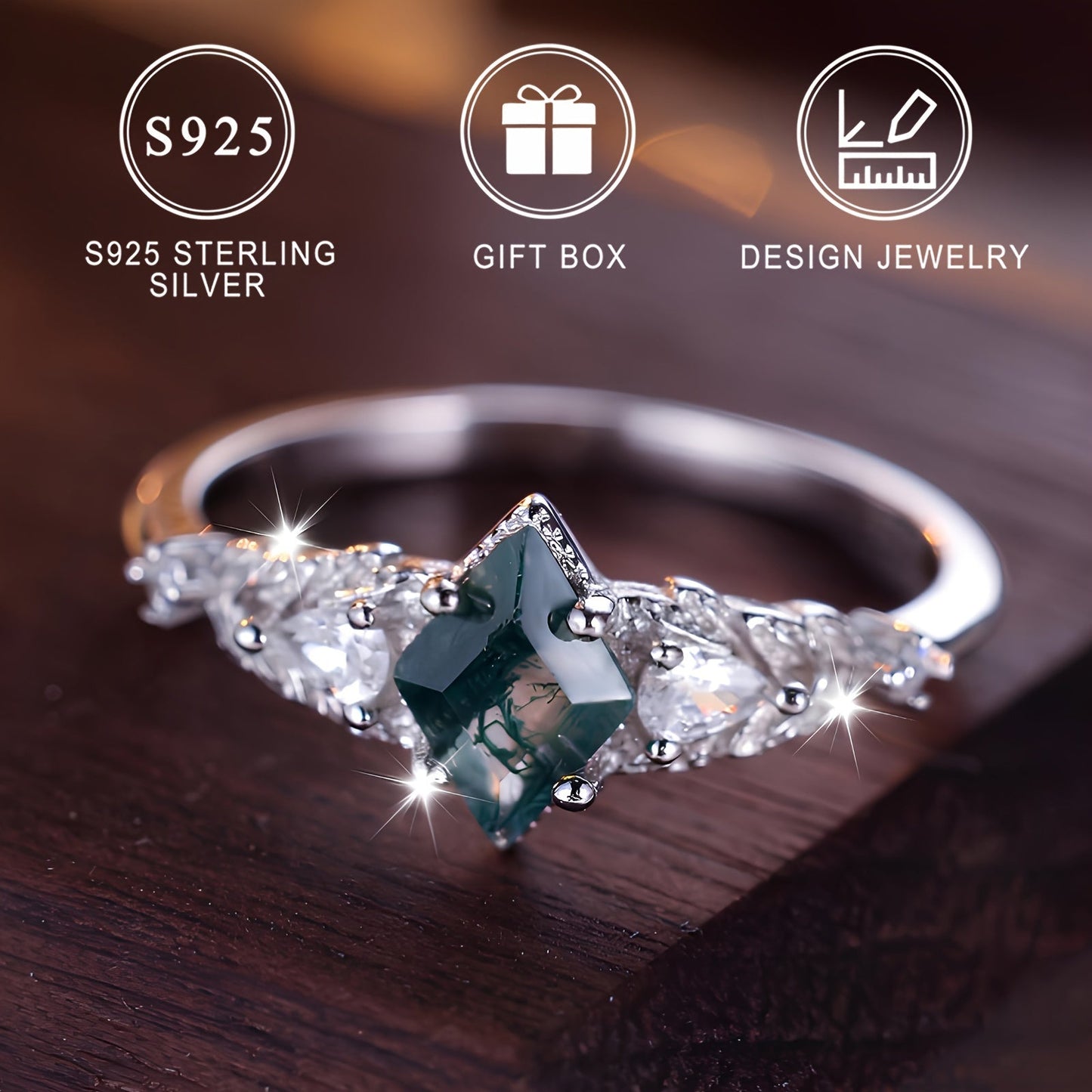 Elegant 925 Sterling Silver Ring Featuring Natural Moss Agate, Geometric Faceted Design, Perfect for June Birthdays or Valentine's Day. High-Quality Jewelry Ideal for Women to Wear Daily.