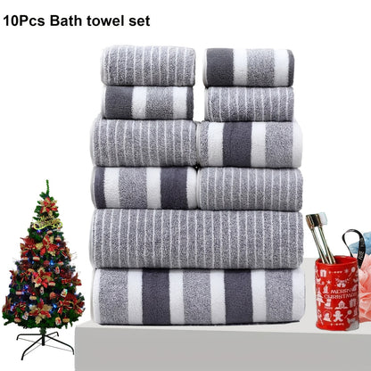 10-piece striped microfiber towel set includes 2 bath towels, 4 hand towels, and 4 washcloths. Perfect for home, hotel, and spa use due to their quick-dry and absorbent qualities.