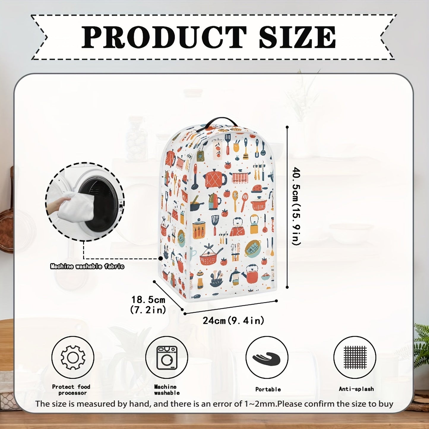 Cartoon-themed kitchen appliance cover for blender, stand mixer, coffee maker, juicers, and food processors. Features top handle for easy handling and is stain-resistant for dust protection.