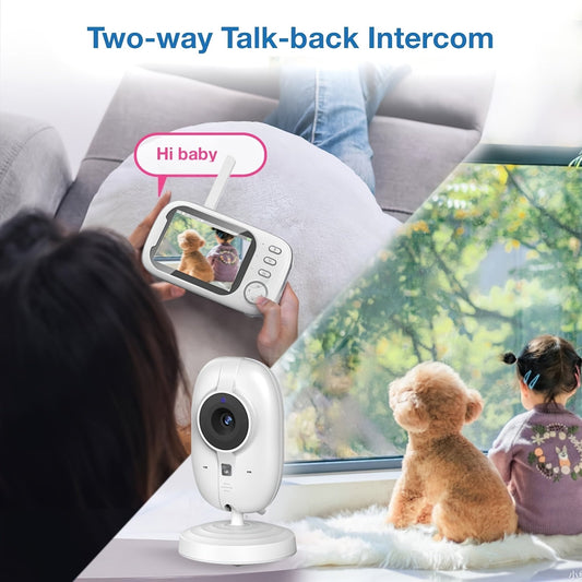 720P HD Android app and smartphone compatible monitor for indoor use, featuring 2-way audio, cry and temperature detection, night vision, lullabies, manual pan/tilt, rechargeable battery, and made of ABS material.