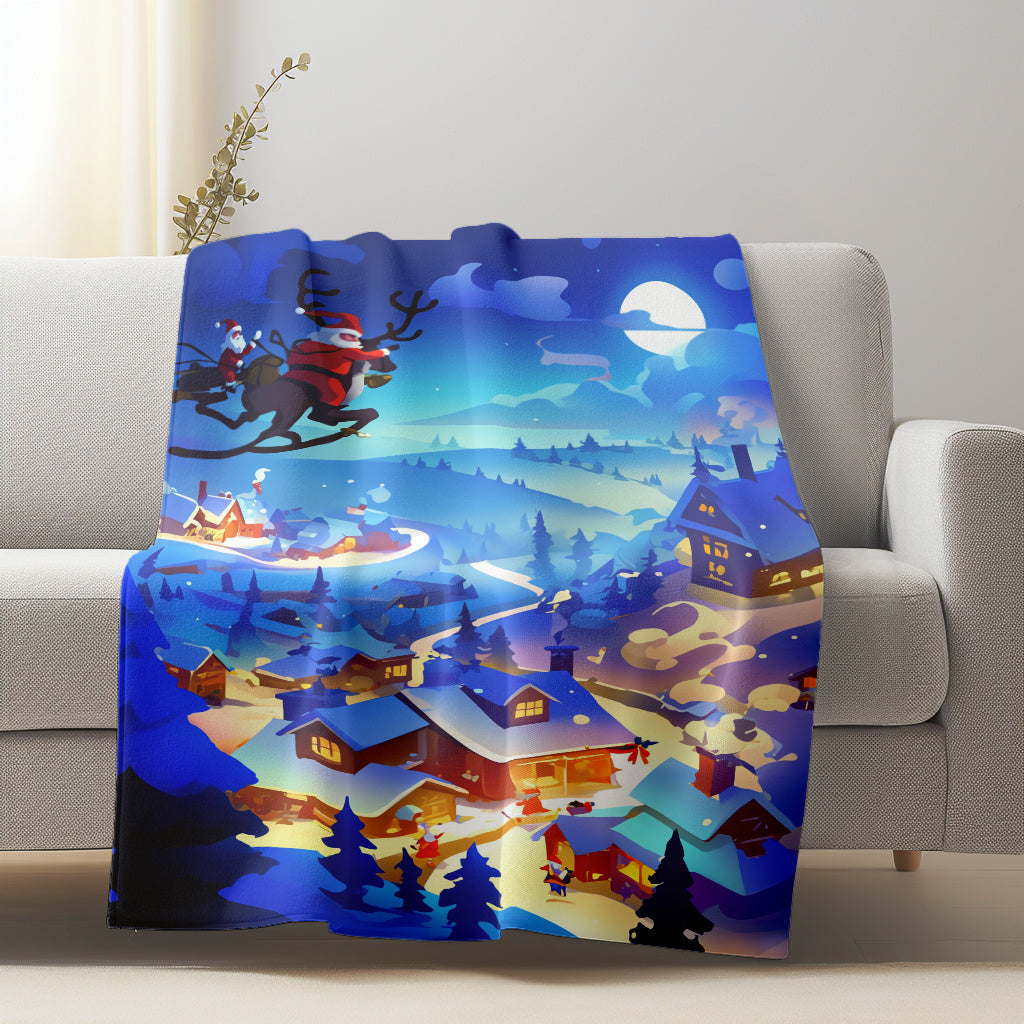 Christmas Night Sky & Snowy Village Flannel Plush Blanket - Soft and Cozy Lightweight Throw for Home, Office, or Travel. Versatile All-Season Blanket made from Durable Polyester Fabric. Machine Washable and Contemporary in Style. Perfect for Camping, Car