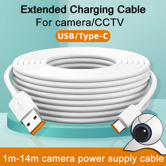 Extended USB-A to Type-C camera power cable for home security cameras, CCTV, and surveillance systems, operating at 5V voltage without the need for batteries.