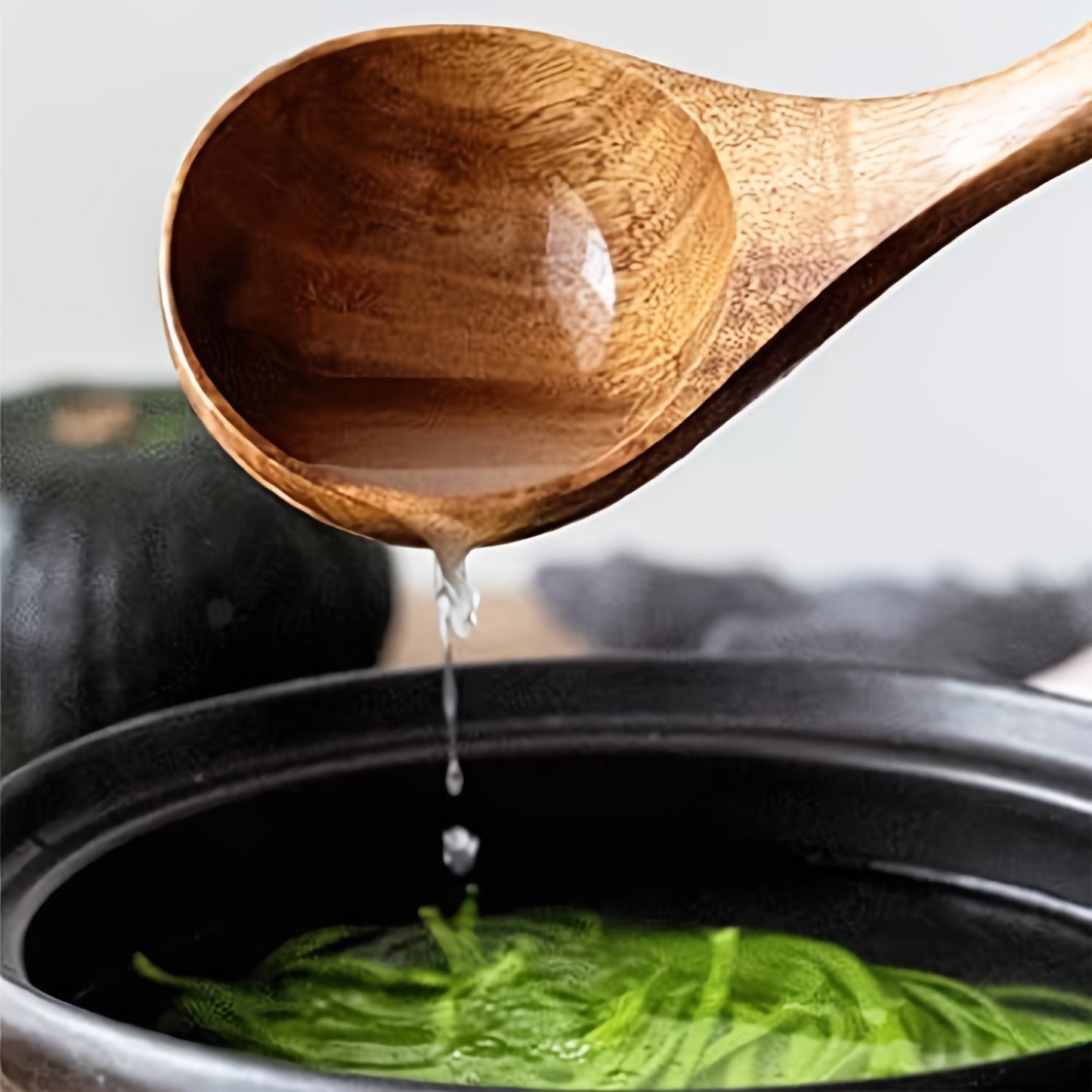 Six wooden utensils set, including cooking spoons, that are both sturdy and elegant kitchen tools for both preparation and serving purposes.