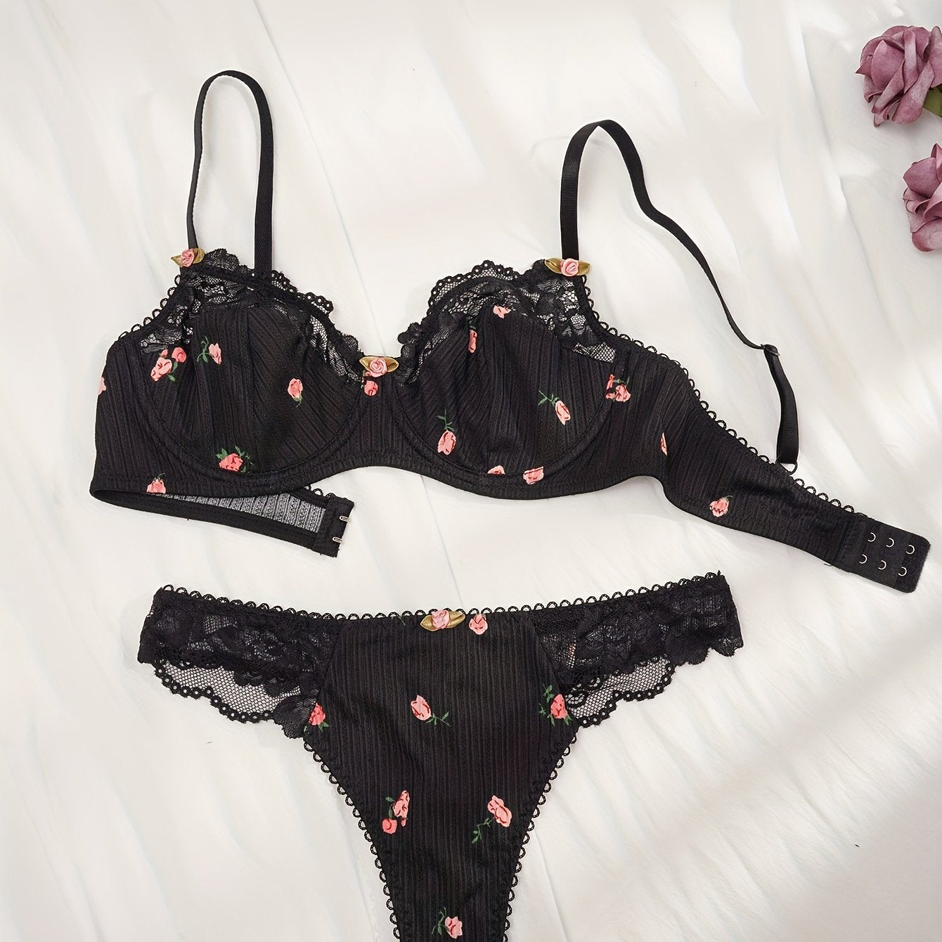 Floral print bra set and cute push-up bra with lace thong lingerie for women