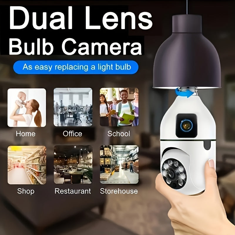 New: "Introducing the 1pc Panoramic Light Bulb Security Camera with Dual Camera technology. This E27 WiFi camera is perfect for home and outdoor surveillance, compatible with smartphones and featuring smart motion detection and two-way audio