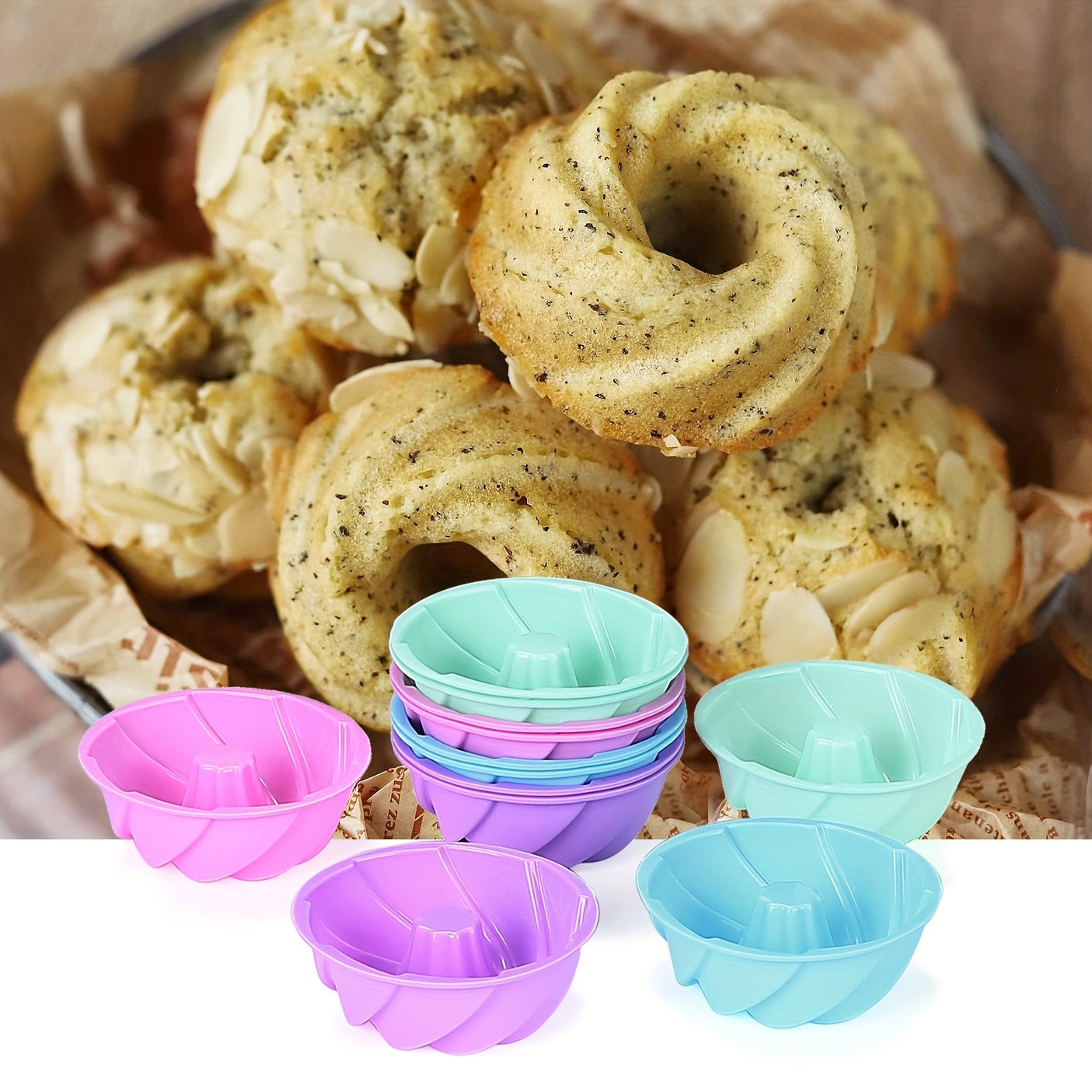 Silicone Bundt Keks Qovoq Seti - 12 ta yopishmaydigan Mini Fluted Keks Qoplari, 6.35 sm Spiral Silikon Qovoqlari - Bagel, Muffin, Jeli va Keks Pishirish uchun Isiga Bardoshli Pishirish Asboblari