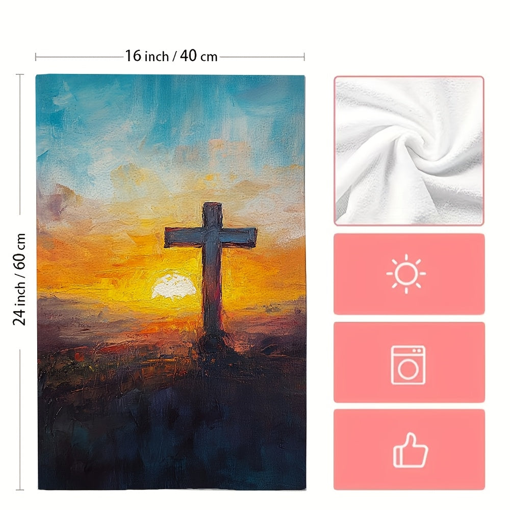 2 pieces of ultra soft kitchen towels featuring an Easter sunrise oil painting style. These highly absorbent and machine washable dish hand towels measure 40.64x60.96 cm, making them perfect for holiday decor.