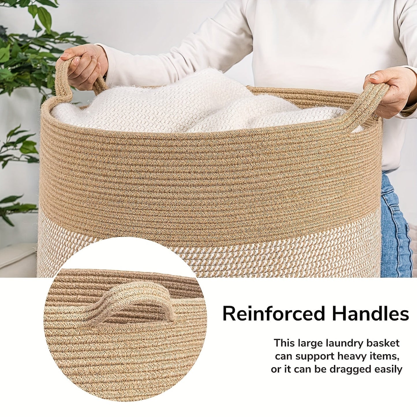 Large XXXLarge Rope Woven Basket, Measures 50.8cm x 50.8cm x 34.04cm. Ideal for Laundry, Blanket Storage in Living Room & Bedroom. Features Toy Organizer Basket with Handle. Perfect for Storing Comforter Cushions, Laundry Hamper Storage, and Home