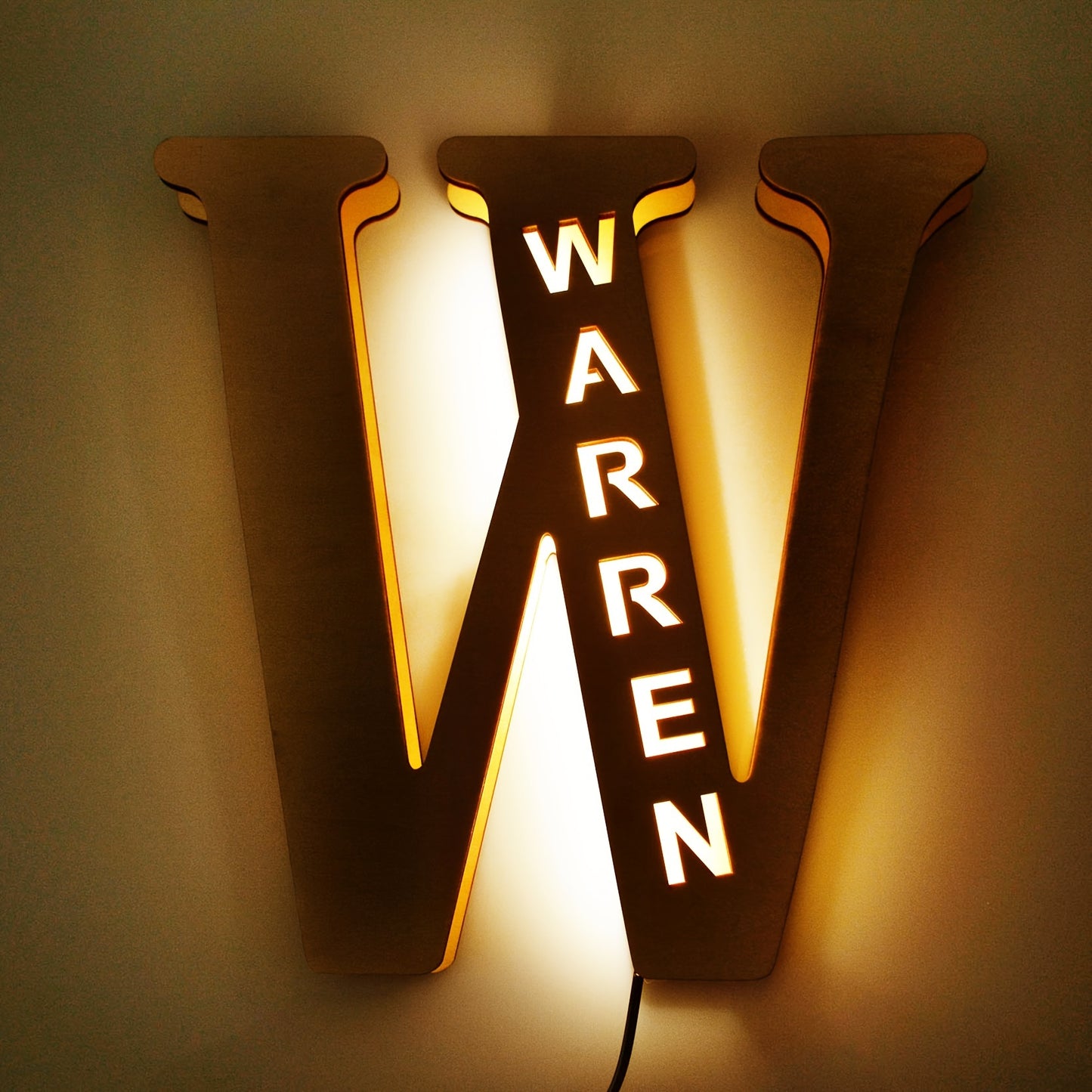 Custom LED letter night light for couples, friends, and family - personalized wooden wall lamp powered by USB. Ideal for bedroom decor with custom uppercase letters.