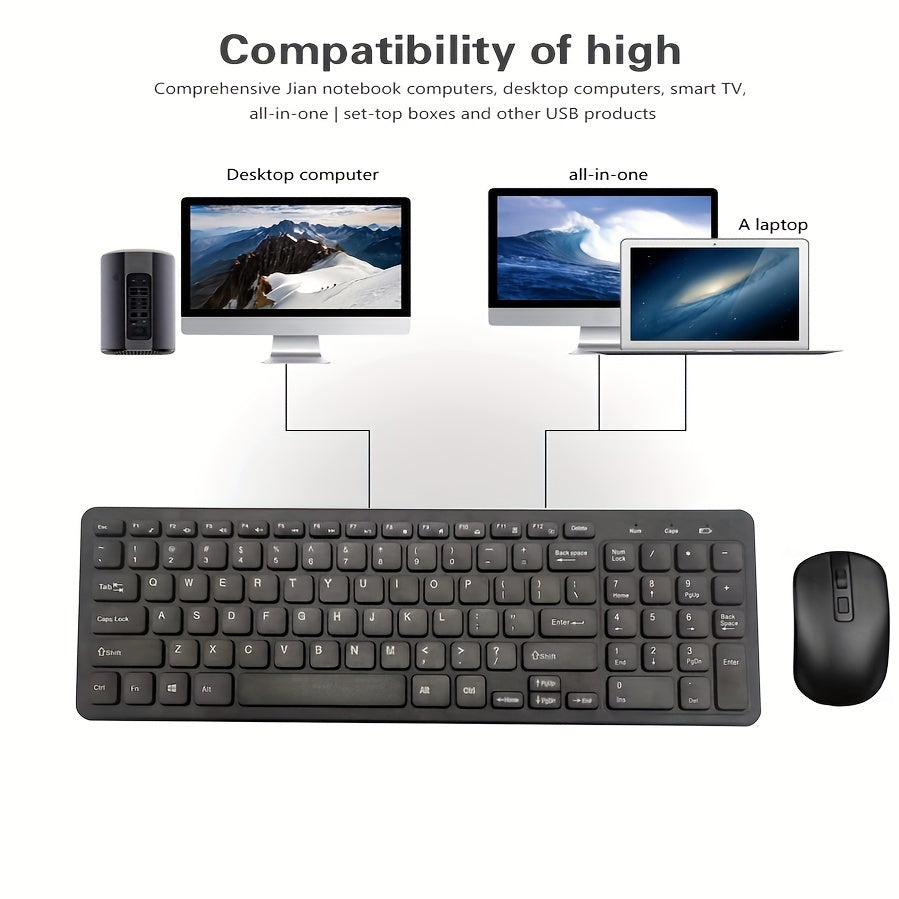 2.4G Wireless Keyboard and Mouse Combo with slim design, ergonomic optical mouse, ABS material, without charging function, compatible with PCs.