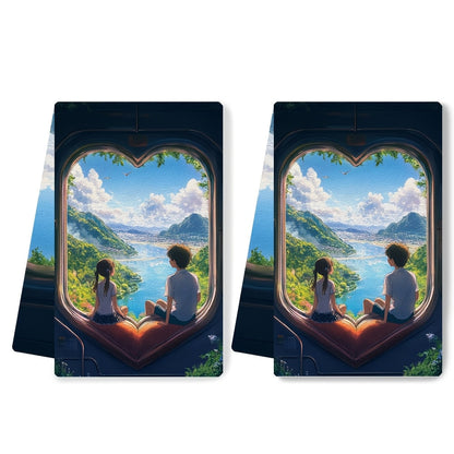 Set of 2 Kitchen Towels - Featuring an Anime Couple Sitting on a Heart Shaped Train Seat, Gazing at a Beautiful Landscape Through the Window. These Ultra Soft Towels are Highly Absorbent and Perfect for Holiday Decor. Machine Washable and Measures 16x24