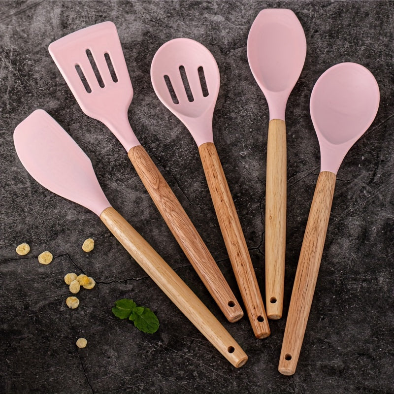 Set of 5 Silicone Kitchen Utensils with Wooden Handles, Non-Stick Cookware, Food-Safe, Easy to Clean Modern Cooking Tools, Must-Have Kitchen Accessories