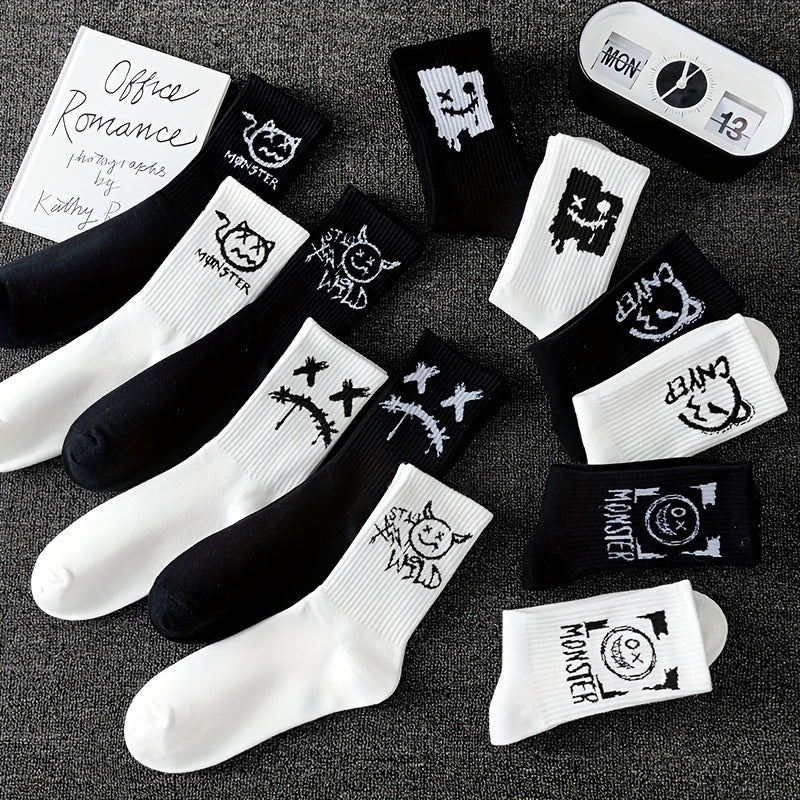 Men's trendy graffiti crew socks, 3/5/8/10 pairs, breathable and comfy for outdoor wear