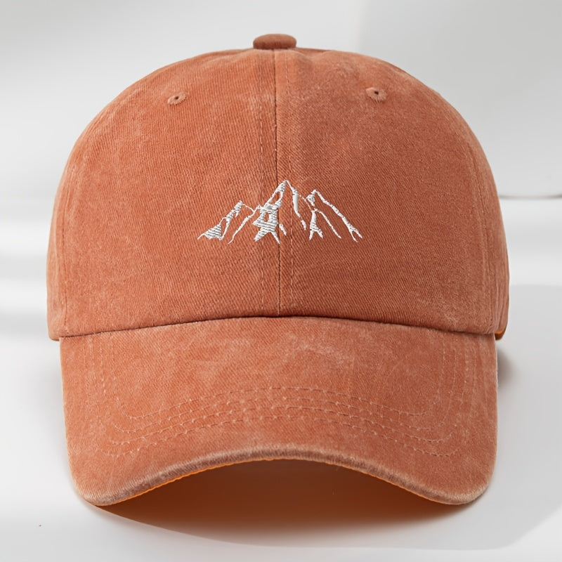 High-quality polyester baseball cap with mountain peak embroidery. Adjustable and breathable, ideal for outdoor activities.