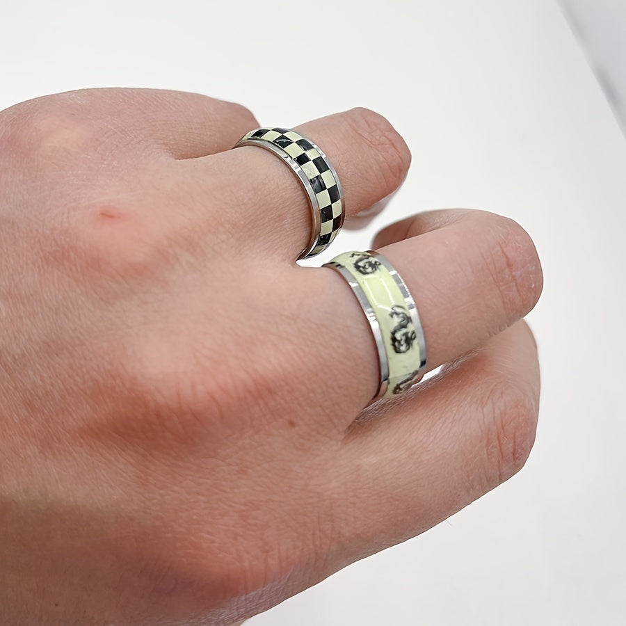 Be a trendsetter with these glow-in-the-dark stainless steel rings! Each set includes 10 or 20 pieces, perfect for rocking a punk and hip hop style. Great for couples, parties, or casual wear.