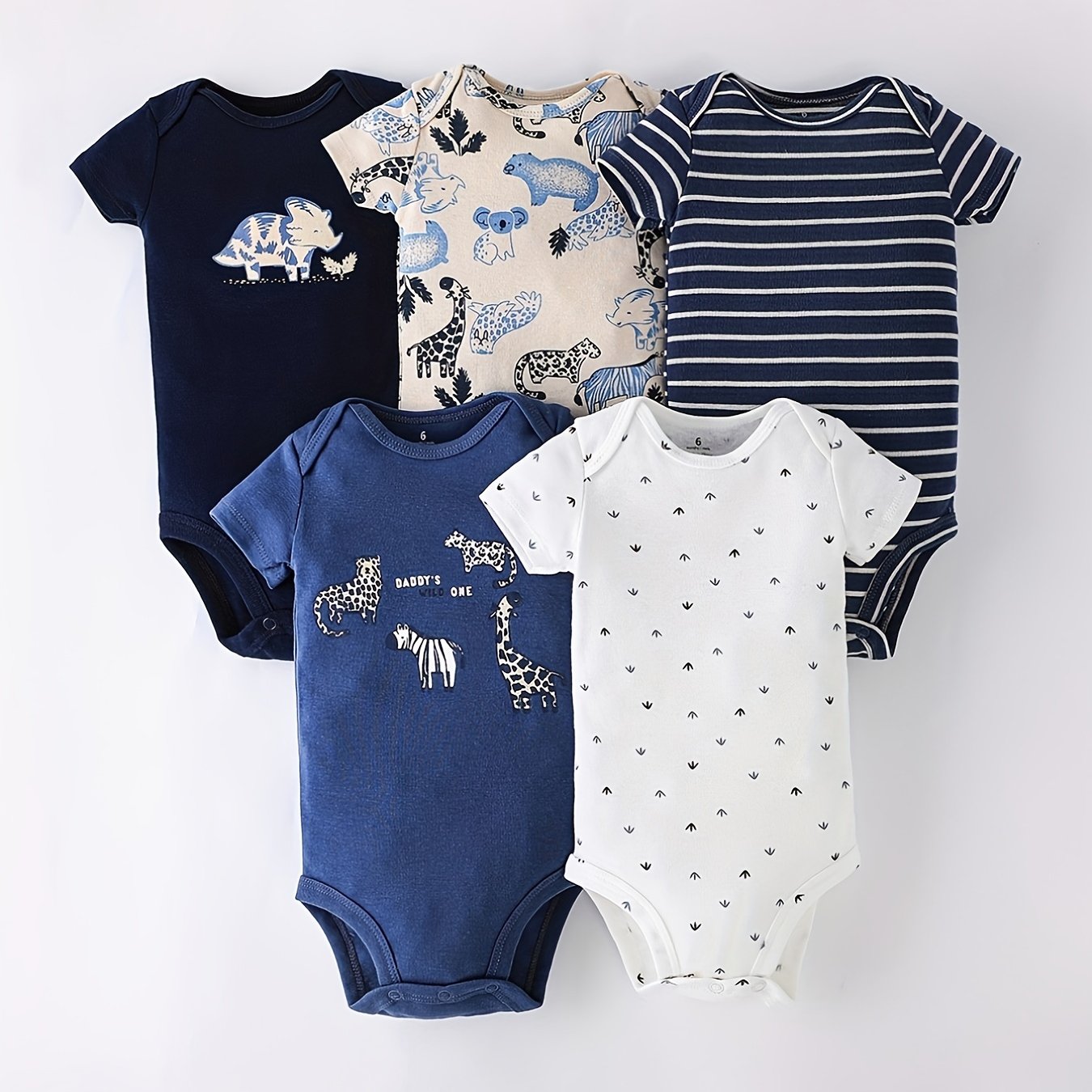 5-piece cotton romper set for babies and toddlers featuring cartoon prints, short sleeves, and round neck. Ideal for summer and outdoor activities. Triangle onesie included.