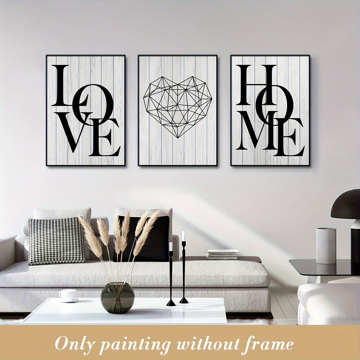 Scandinavian Love & Home Canvas Art Set: 3 Frameless Black and White Prints with Geometric Heart Design, Ideal for Modern Living Room Decor.