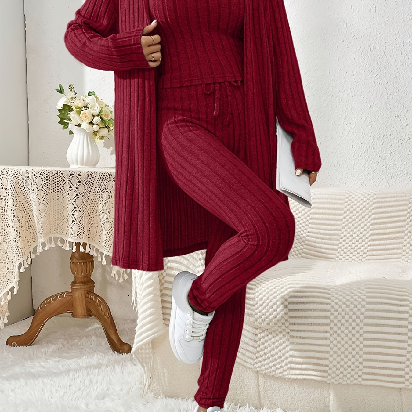 Fall and winter casual loungewear set for women, including a cardigan, camisole, and pants.