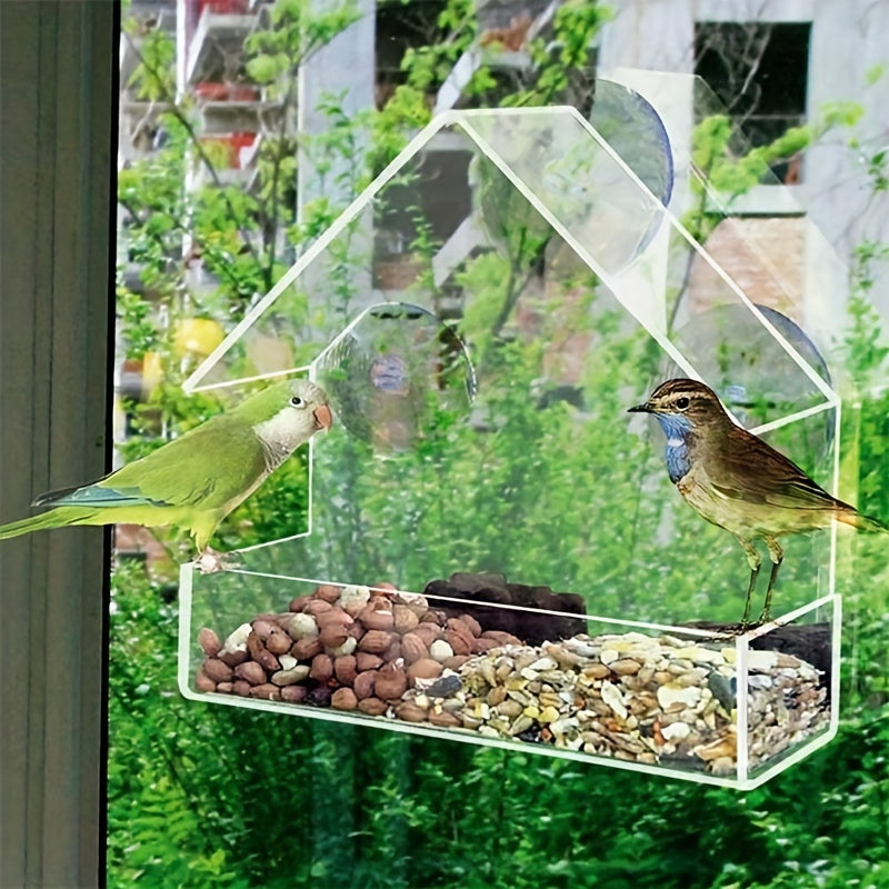 Durable clear acrylic bird feeder with suction cup for all bird species, easy to clean and perfect for window installation.