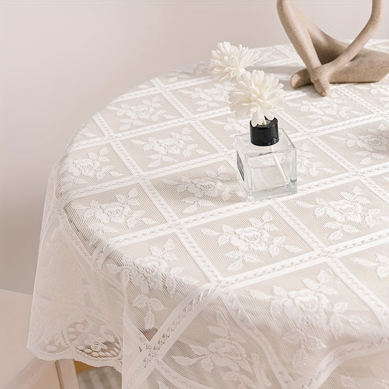 Polyester lace tablecloth for kitchen and dining decor, featuring elegant floral design.