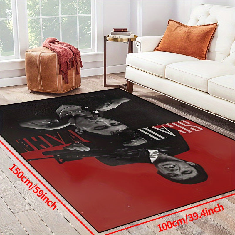 Area rug featuring a scarred man with a cigar and gun design, made of durable polyester, non-slip, and machine washable. Perfect for use in the living room, bedroom, hallway, or even outdoor spaces. Available in various sizes: 15x23, 19x31, 31x47, 39x59