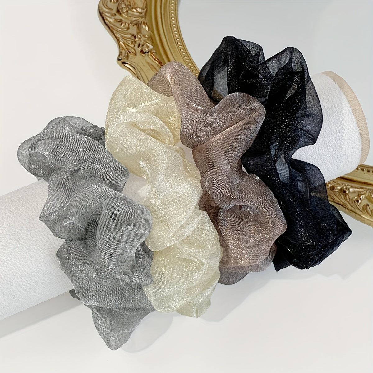 Set of 4 fabric hair ties with rhinestone detail for women and girls 14+ years. French romantic style hair scrunchies pack.