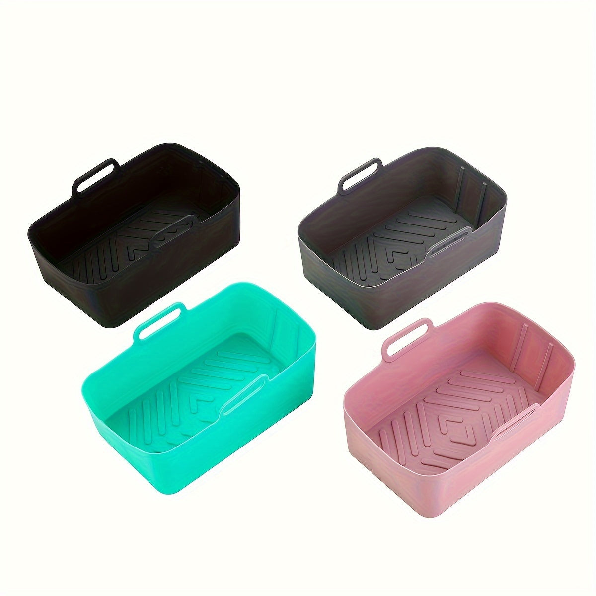 Two food-grade silicone air fryer liner trays, rectangular oven mats for baking pans, perfect for flat bottom pots. They are easy to clean, reusable, and resistant to high temperatures. These non-stick baking pans are an essential addition to your