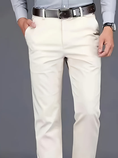 Men's solid dress pants, lightweight and comfortable with a regular fit and cuffed hems suitable for all seasons, ideal for business and casual wear.