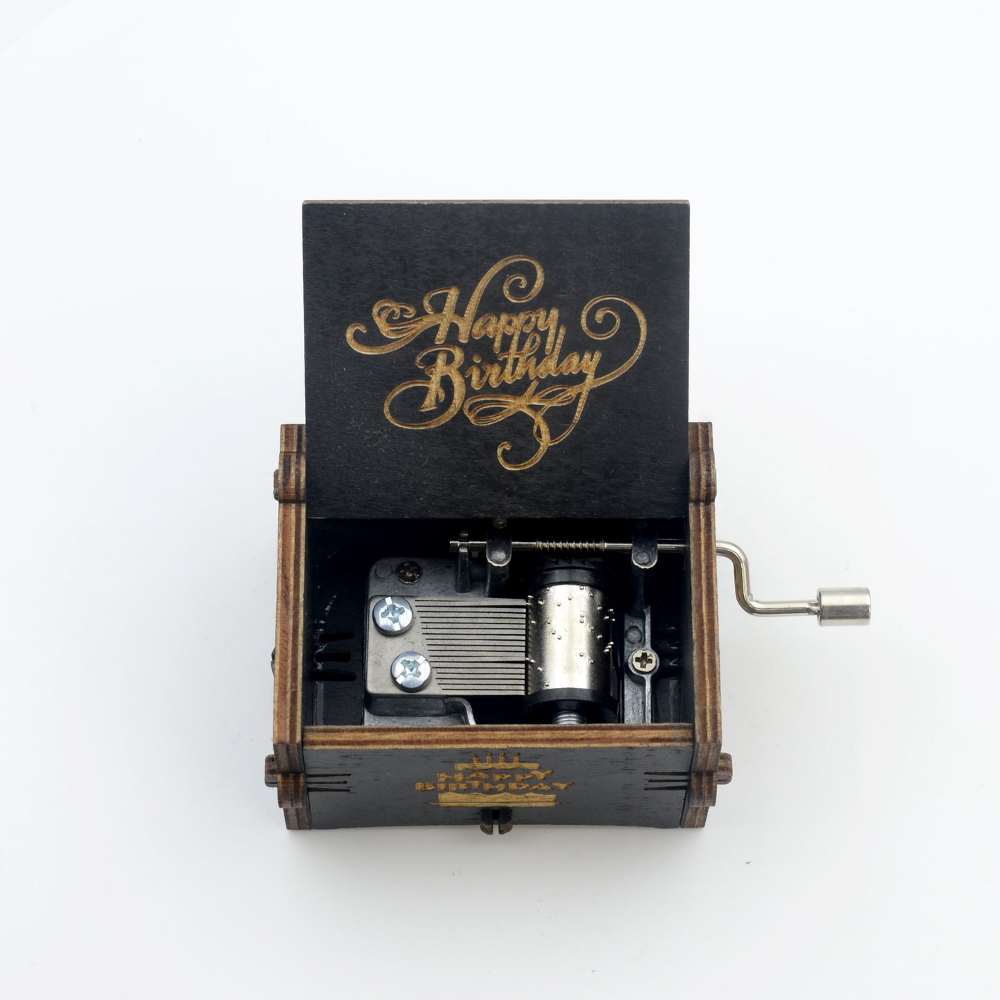 Vintage hand-cranked wooden music box with "Happy Birthday" melody, no electricity required, perfect for birthdays, Valentine's, and Christmas.