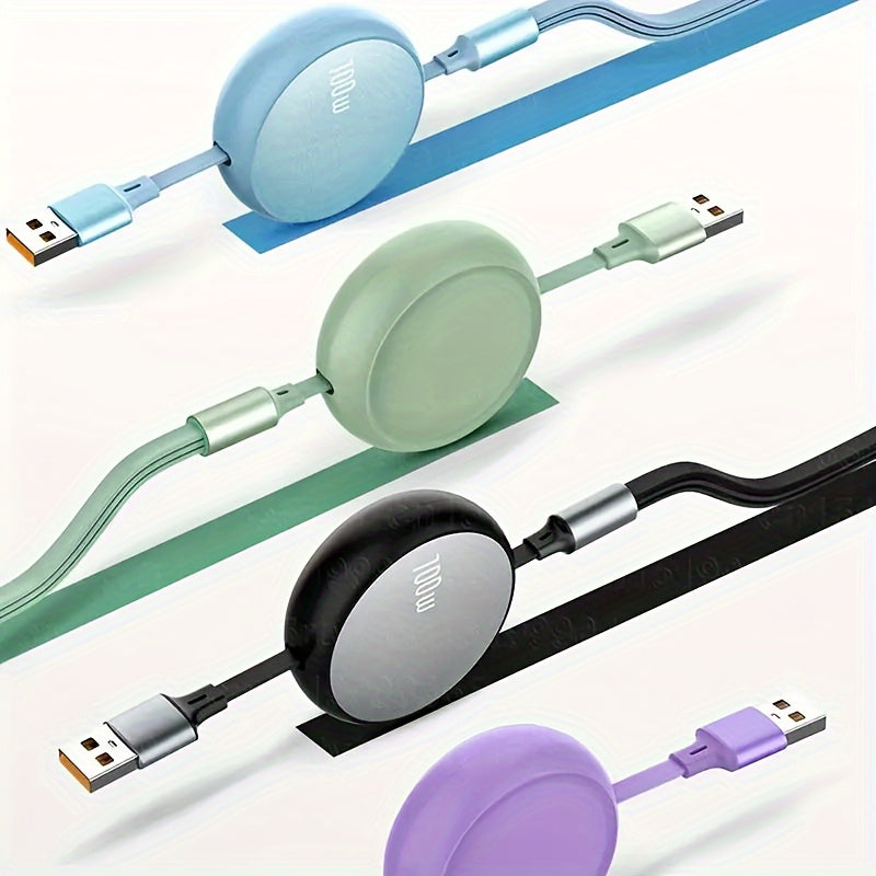 Retractable USB charging cable with 6A 100W fast charging for iPhone, Huawei, Samsung, etc. Data sync speed of 480Mbps and USB power supply under 36V.