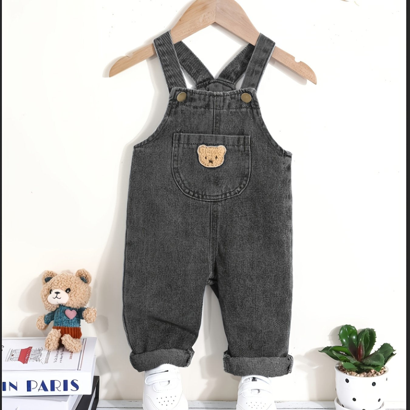 Boys' green denim overalls with bear patch - blend fabric, machine washable, casual style for fall/winter, great for outdoor wear.