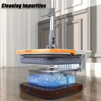 The All-in-One Spin Mop and Bucket Set includes 1 bucket, 1 stainless steel handle, and 4 reusable microfiber heads. This easy wringing flat mop is perfect for wet and dry floor cleaning in any room of the house, including the living room, bedroom