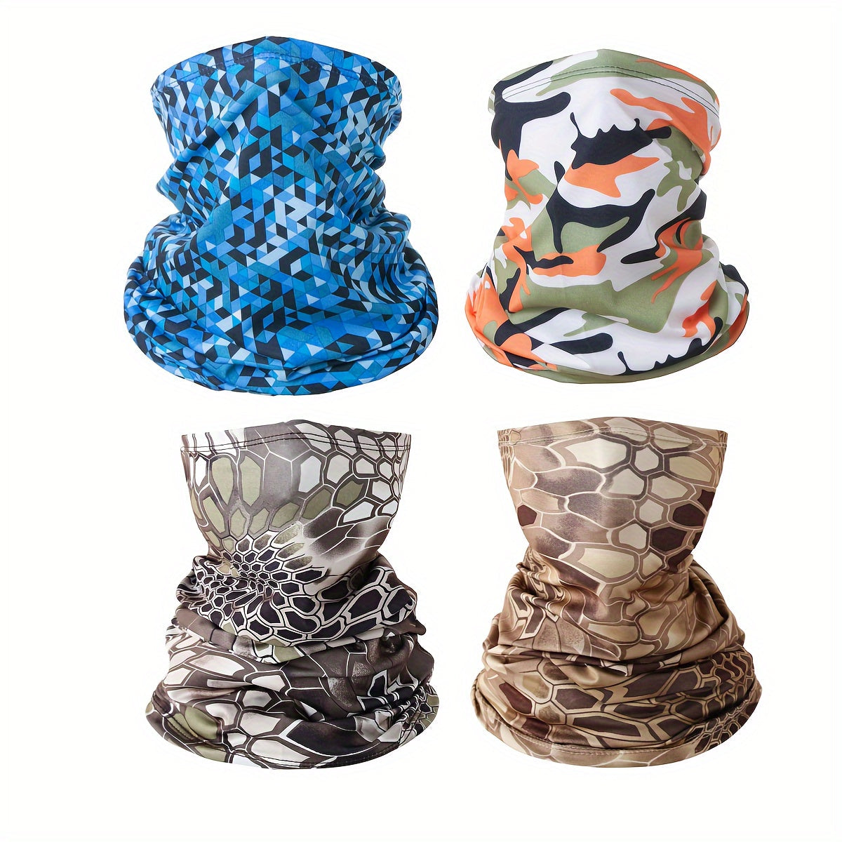 Set of 4 Camouflage Print Masks for Cycling, Neck Gaiter, Thin and Breathable Face Cover for Outdoor Activities like Hiking, Sports, Fishing. UV Face Shield for Women and Men