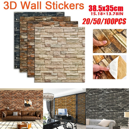 3D stereo brick stickers for indoor home decoration, available in quantities of 20, 50, or 100 pieces. Dimensions are 38.5×35cm/15.16×13.78in. PE foam material is waterproof and oilproof.