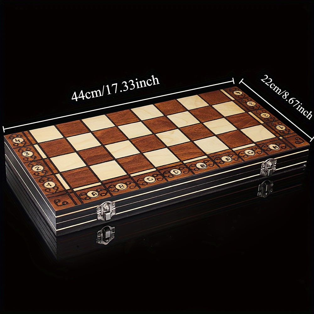 Wooden 3-in-1 board game set with chess, checkers, and backgammon. Foldable, portable, and velvety interior for slip-resistance. Durable wood fiber construction. Suitable for teens and