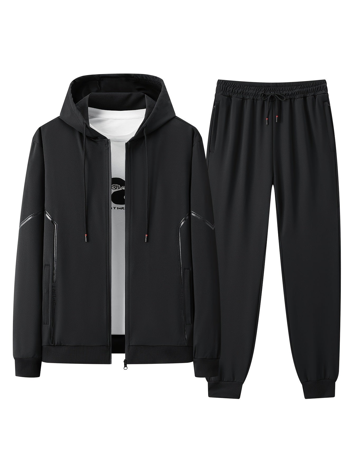 Men's Black Striped Athletic Hoodie and Pants Set - Zip-Up Jacket with Side Panels & Joggers, Polyester Blend, Casual Sportswear|Modern Tracksuit|Sleek Fabric