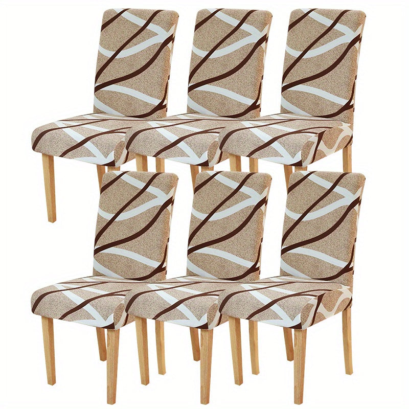 Printed stretch chair slipcovers in 4 or 6 pieces, ideal for dining chairs in various settings.