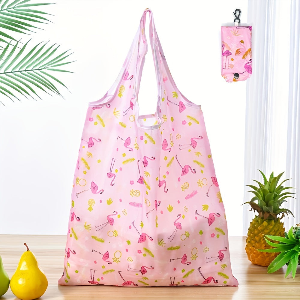 Large Foldable Tote Bag with Vibrant Floral Pattern, Made of Durable Polyester, Ideal for Outdoor Activities - Includes Shoulder Straps and Carabiner Closure, Great for Shopping and Reusable.