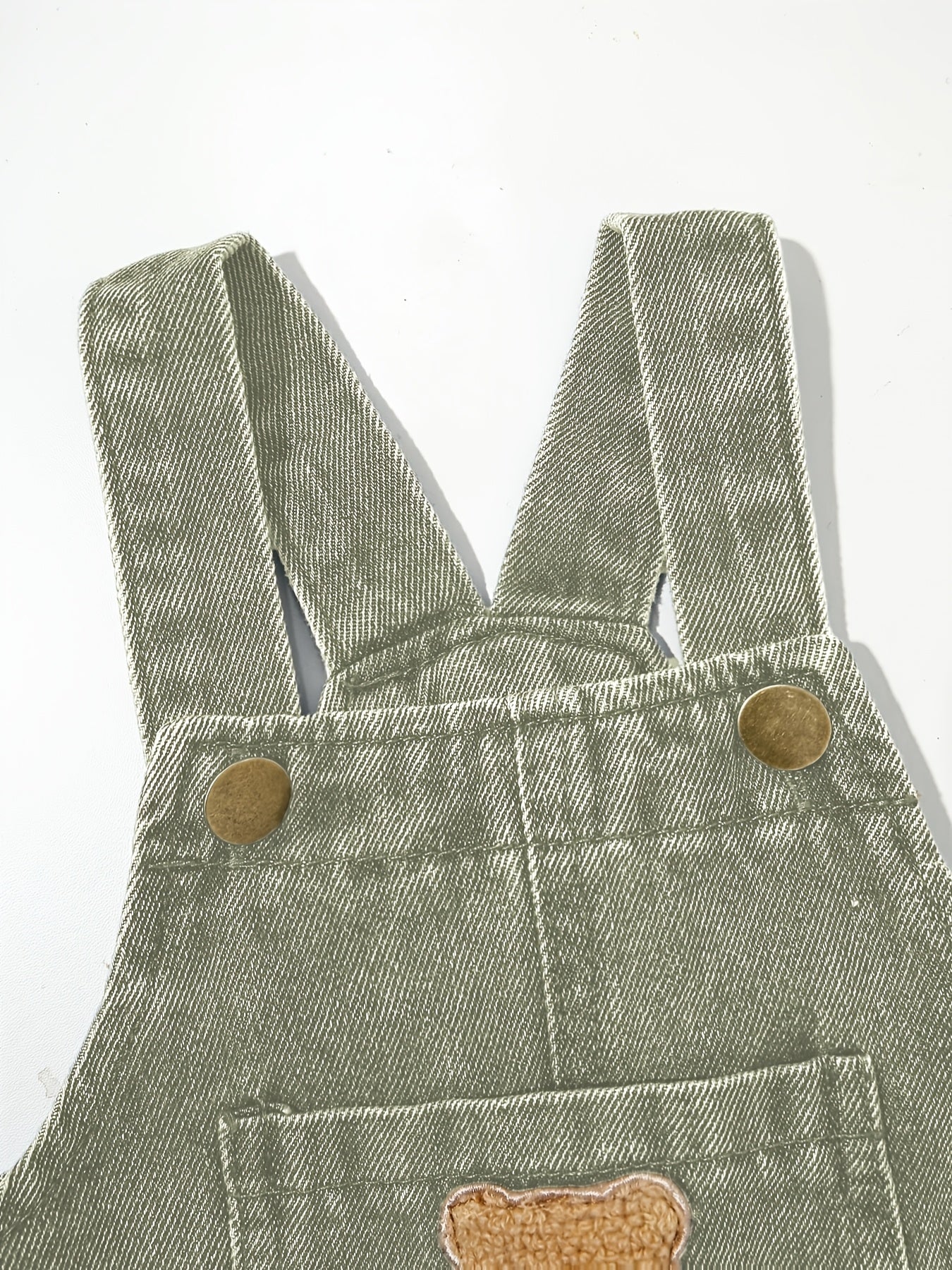 Boys' green denim overalls with bear patch - blend fabric, machine washable, casual style for fall/winter, great for outdoor wear.