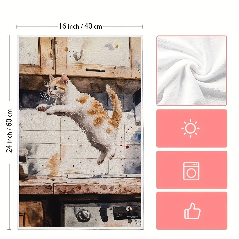 Two pieces of incredibly soft kitchen towels featuring a playful kitten leaping design. These highly absorbent and machine washable dish hand towels are perfect for your contemporary style kitchen. Each towel measures 40.64x60.96 cm and is ideal for